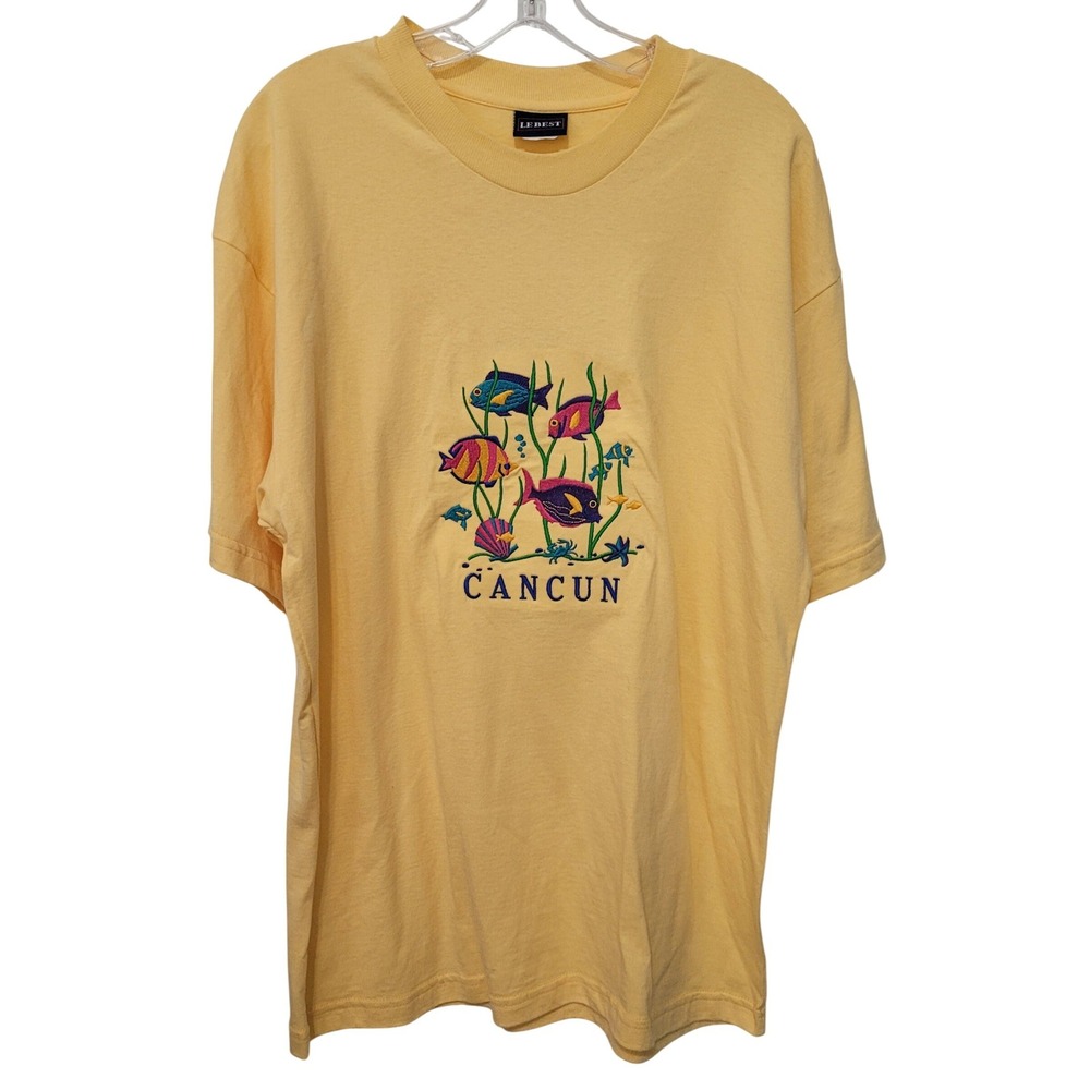 Le Best Cancun Souvenir T-Shirt Mens Large Yellow Embroidered Tropical Fish Tee
